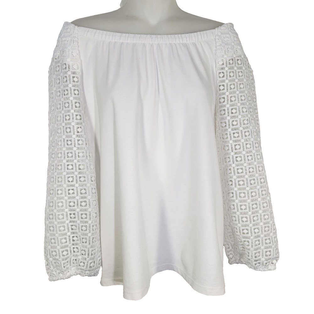 Talbots Top Women Medium Lace Sleeve Peasant Boho Crochet White Off The Shoulder